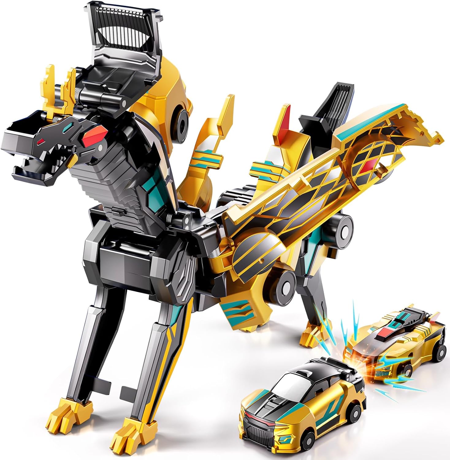 Collision Transforming Dinosaur Car Toy – 2-in-1 Magnetic Cars Transform on Impact, Golden (Ages 3–12)