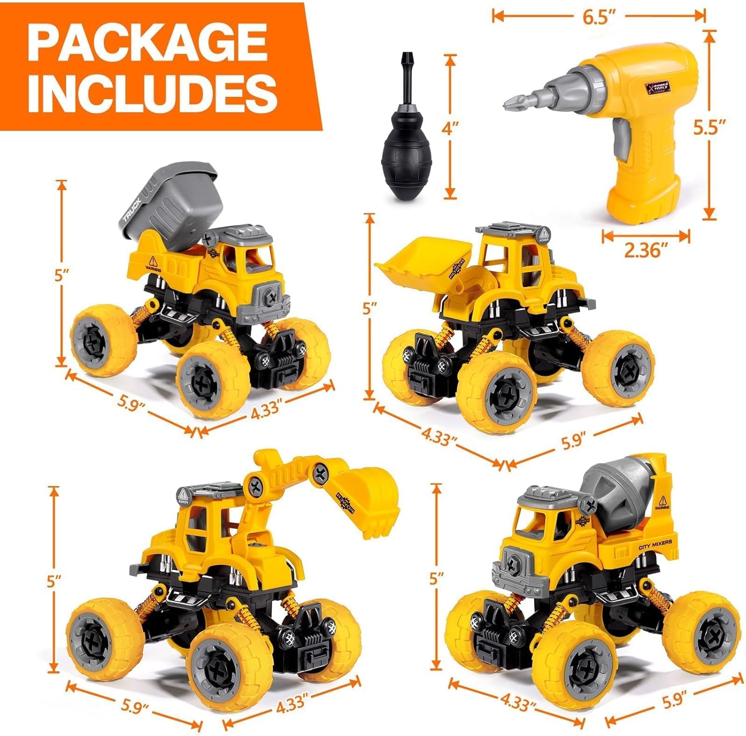 4 Pack Take Apart Trucks – Construction Building Toys with Electric Drill (Ages 3-8)