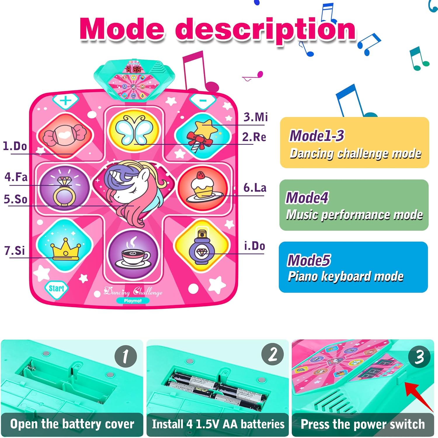 Kids Unicorn Dance Mat – LED Dance Pad with Music, Volume Control & 5 Modes (Ages 3–12)