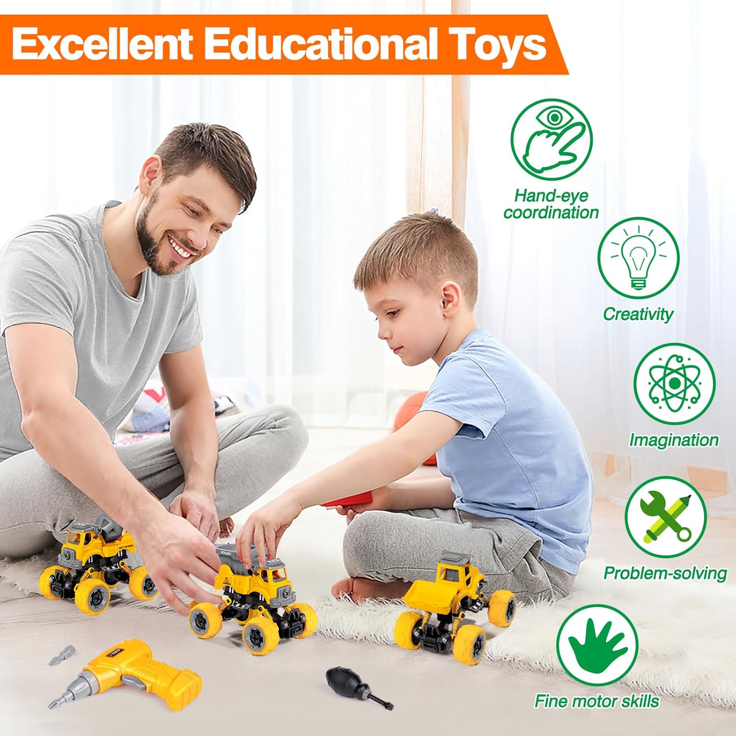 4 Pack Take Apart Trucks – Construction Building Toys with Electric Drill (Ages 3-8)