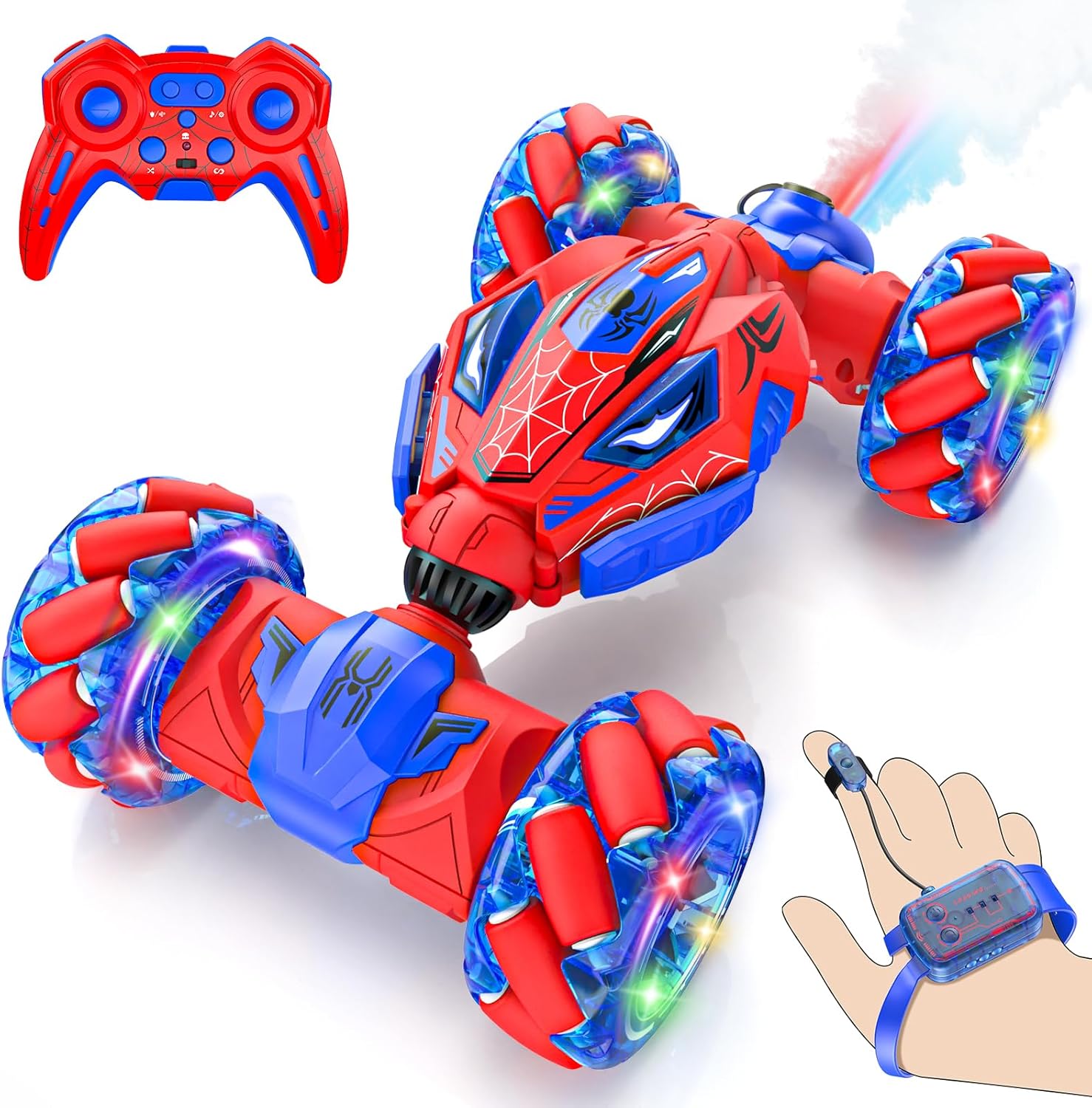 4WD Gesture Sensing RC Stunt Car – 360° Rotating Double-Sided Drift Car with Lights, Music & Spray, 2 Batteries (Ages 6–12)