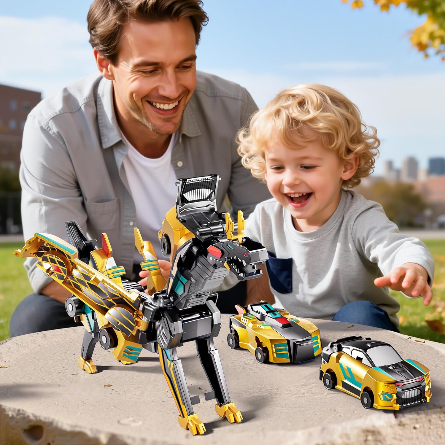 Collision Transforming Dinosaur Car Toy – 2-in-1 Magnetic Cars Transform on Impact, Golden (Ages 3–12)
