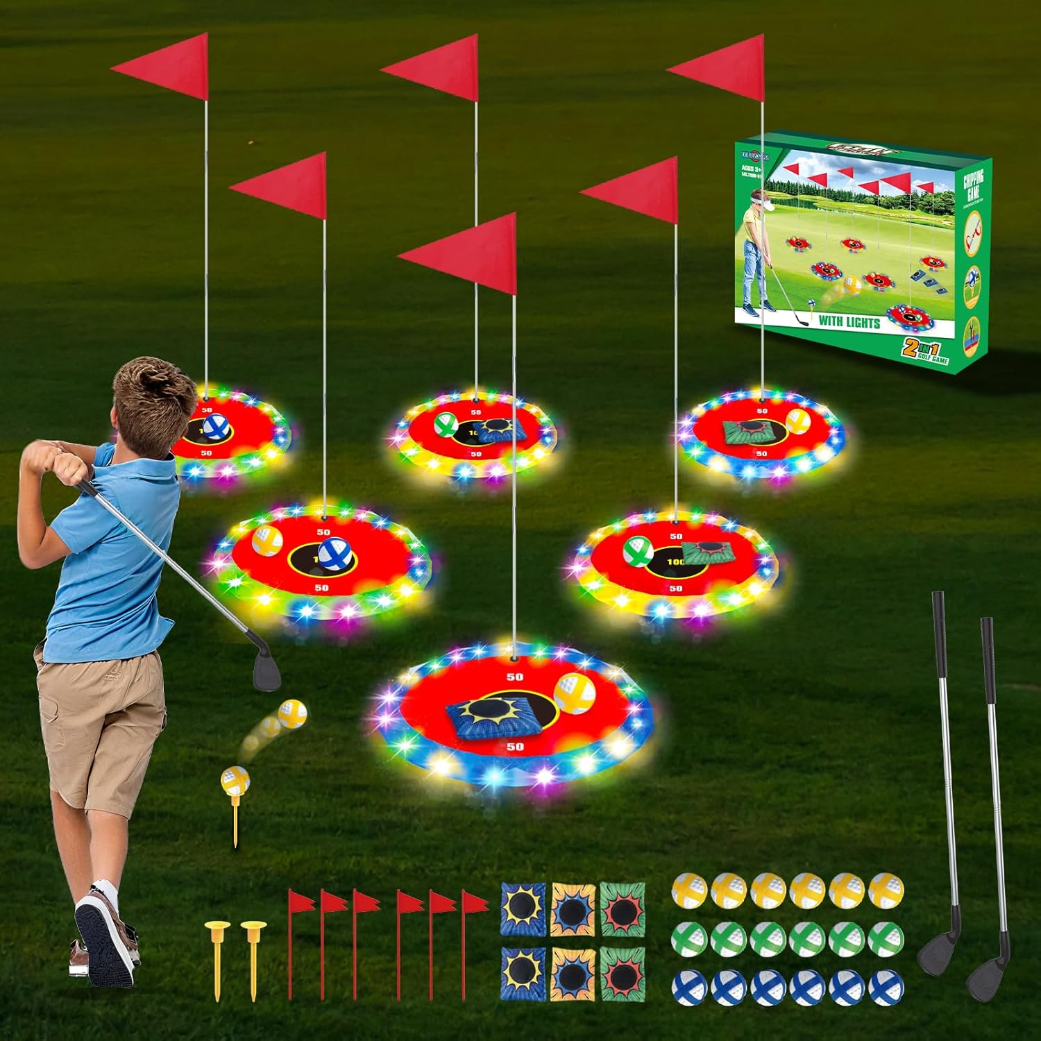 LED Light Up Golf Set – Backyard Chipping Game with 6 Targets, Clubs & Balls