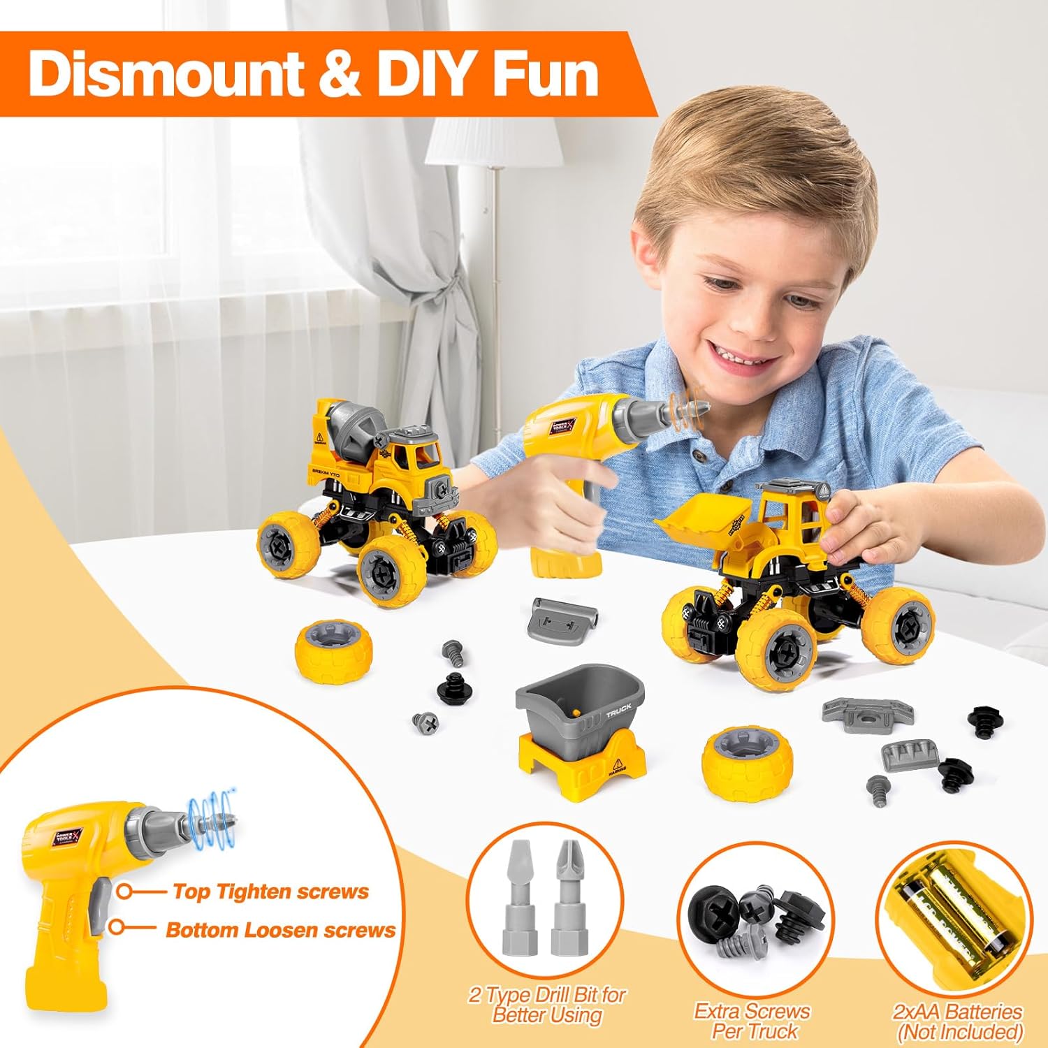 4 Pack Take Apart Trucks – Construction Building Toys with Electric Drill (Ages 3-8)