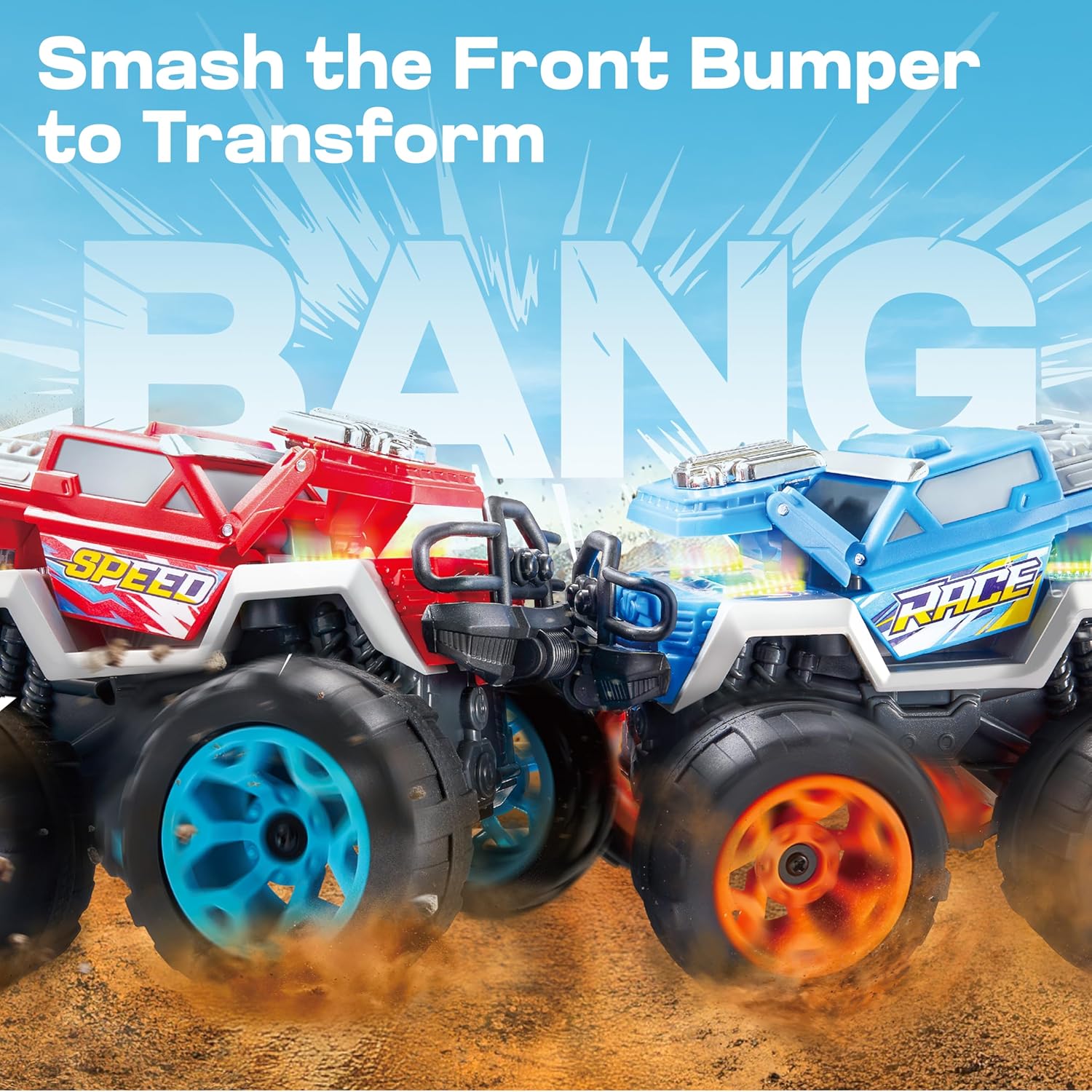 2 Pack Monster Truck Toys – Transformable Crash Cars with Lights & Sound