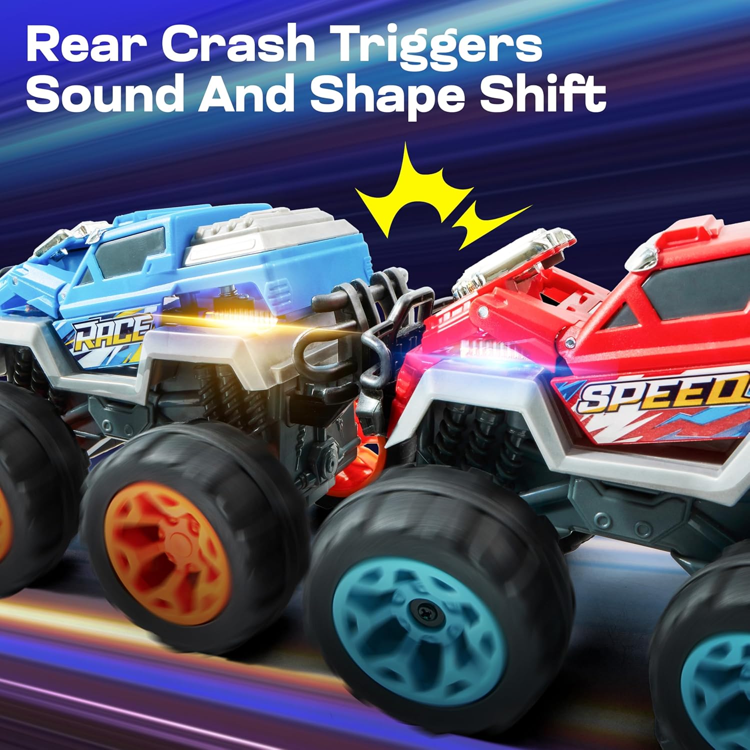 2 Pack Monster Truck Toys – Transformable Crash Cars with Lights & Sound