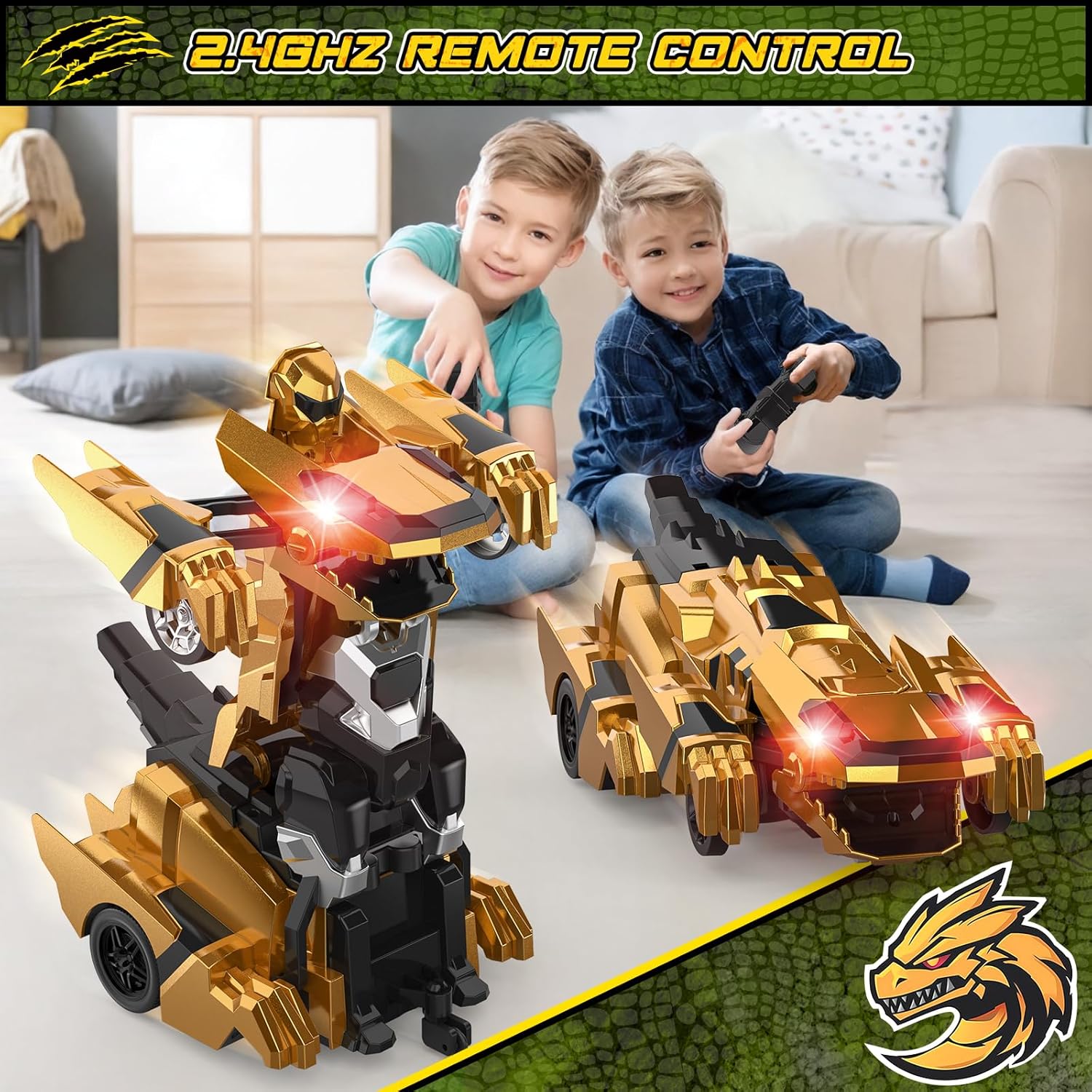 Transforming Dinosaur RC Car – 2.4GHz Remote Control Robot with Lights & 360° Rotation