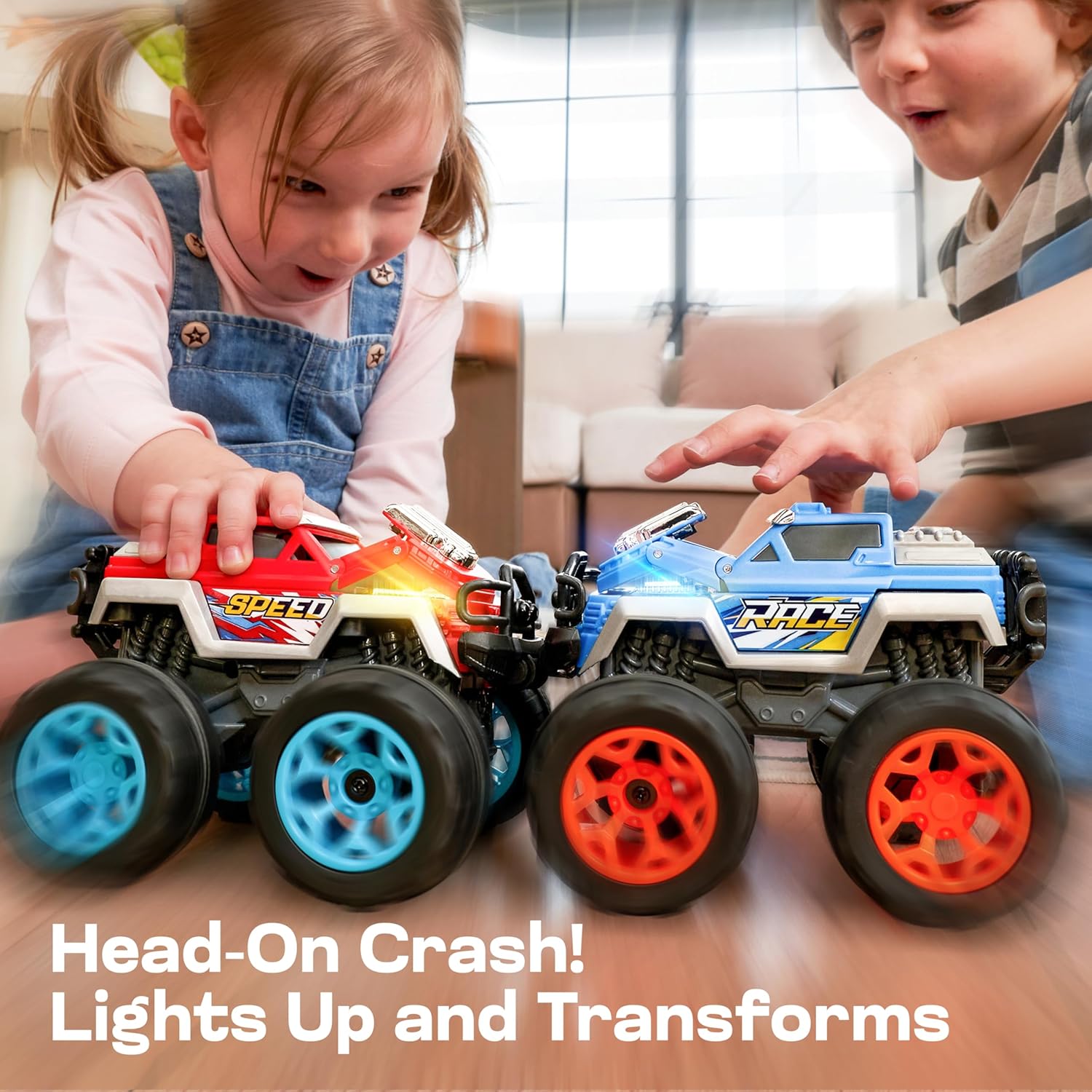 2 Pack Monster Truck Toys – Transformable Crash Cars with Lights & Sound