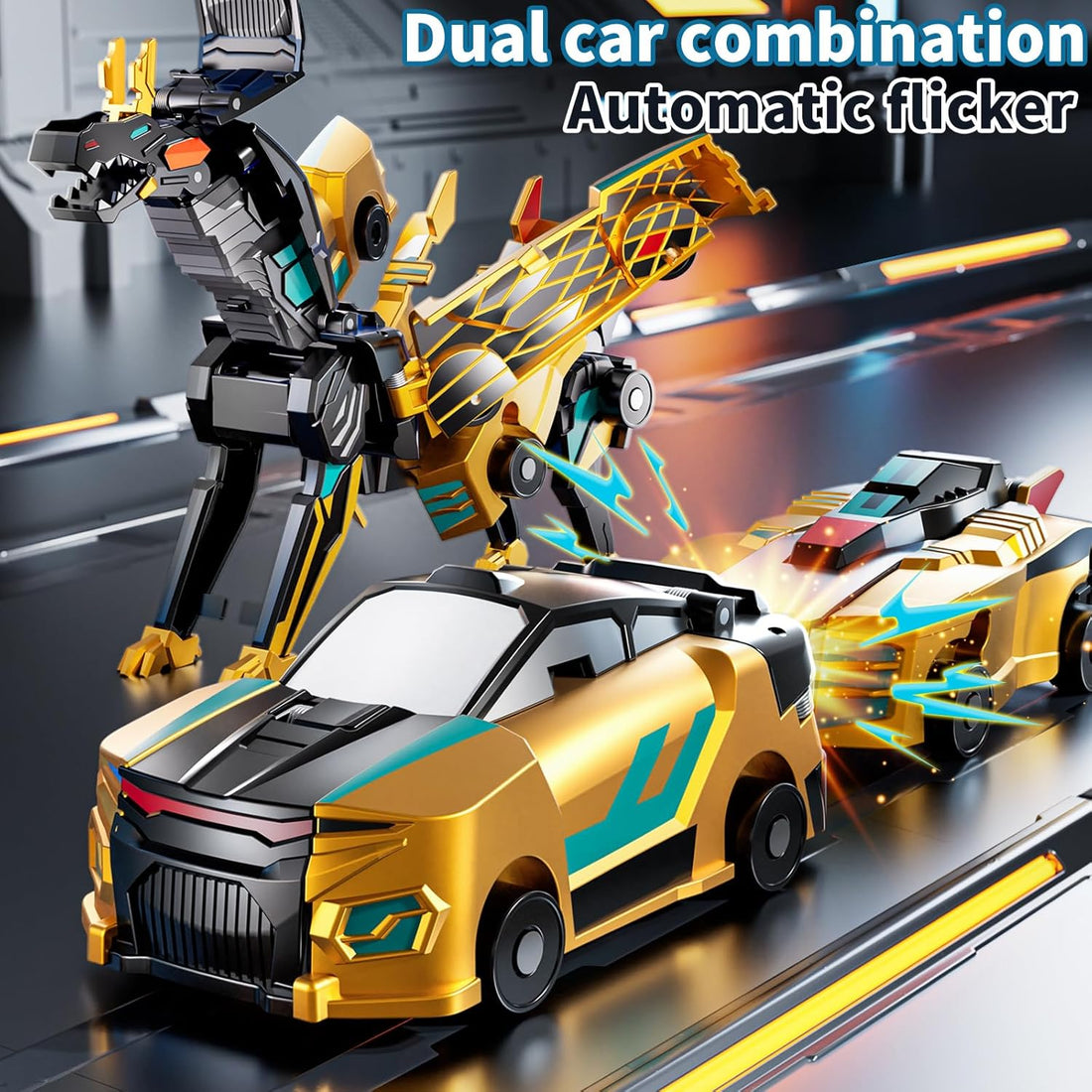 Collision Transforming Dinosaur Car Toy – 2-in-1 Magnetic Cars Transform on Impact, Golden (Ages 3–12)