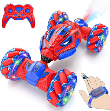 4WD Gesture Sensing RC Stunt Car – 360° Rotating Double-Sided Drift Car with Lights, Music & Spray, 2 Batteries (Ages 6–12)