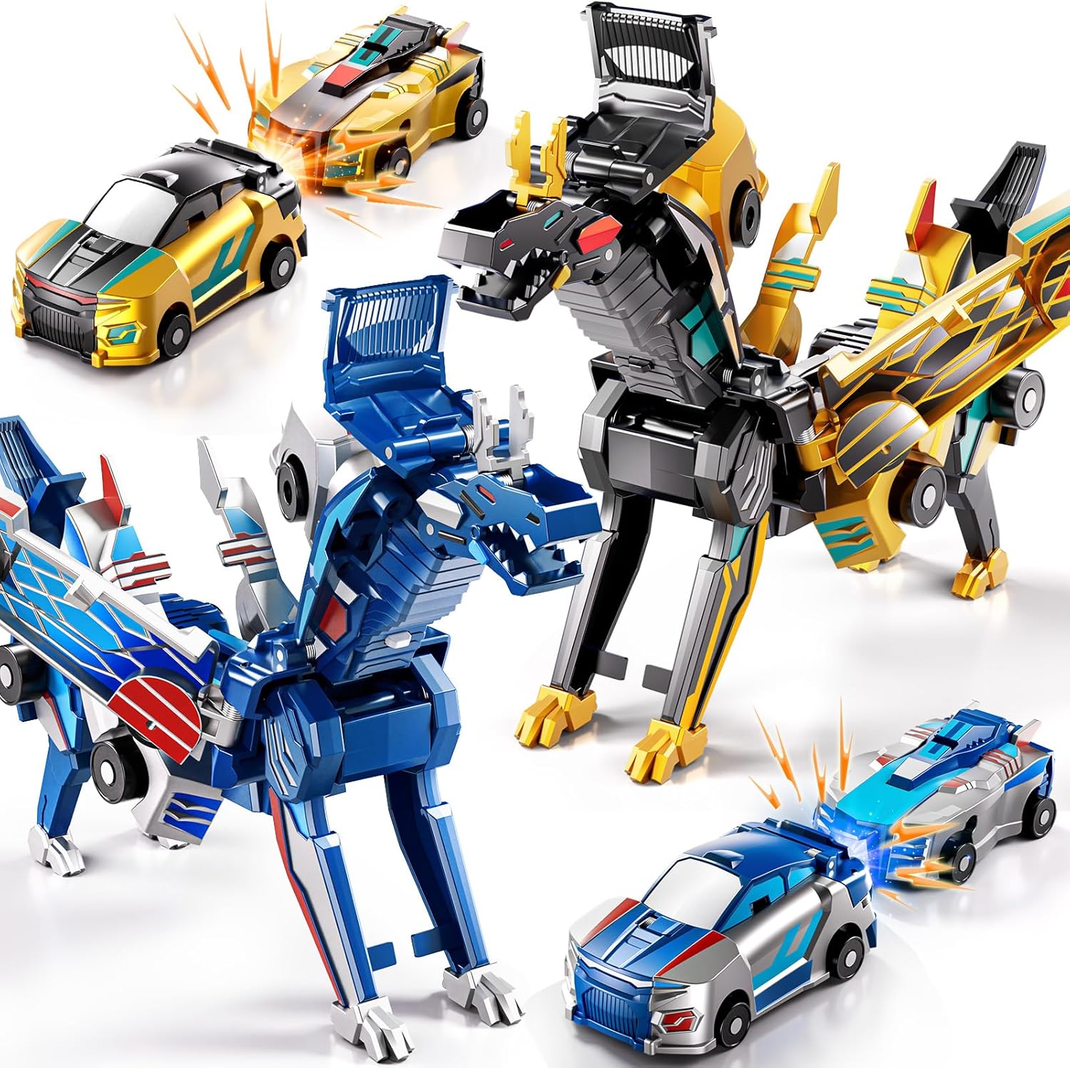 Collision Transforming Dinosaur Car Toy – 2-in-1 Magnetic Cars Transform on Impact, Golden (Ages 3–12)