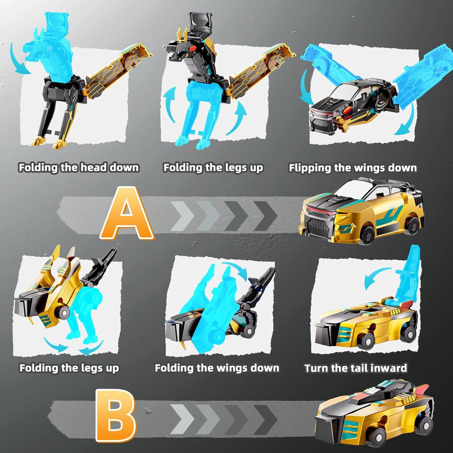 Collision Transforming Dinosaur Car Toy – 2-in-1 Magnetic Cars Transform on Impact, Golden (Ages 3–12)