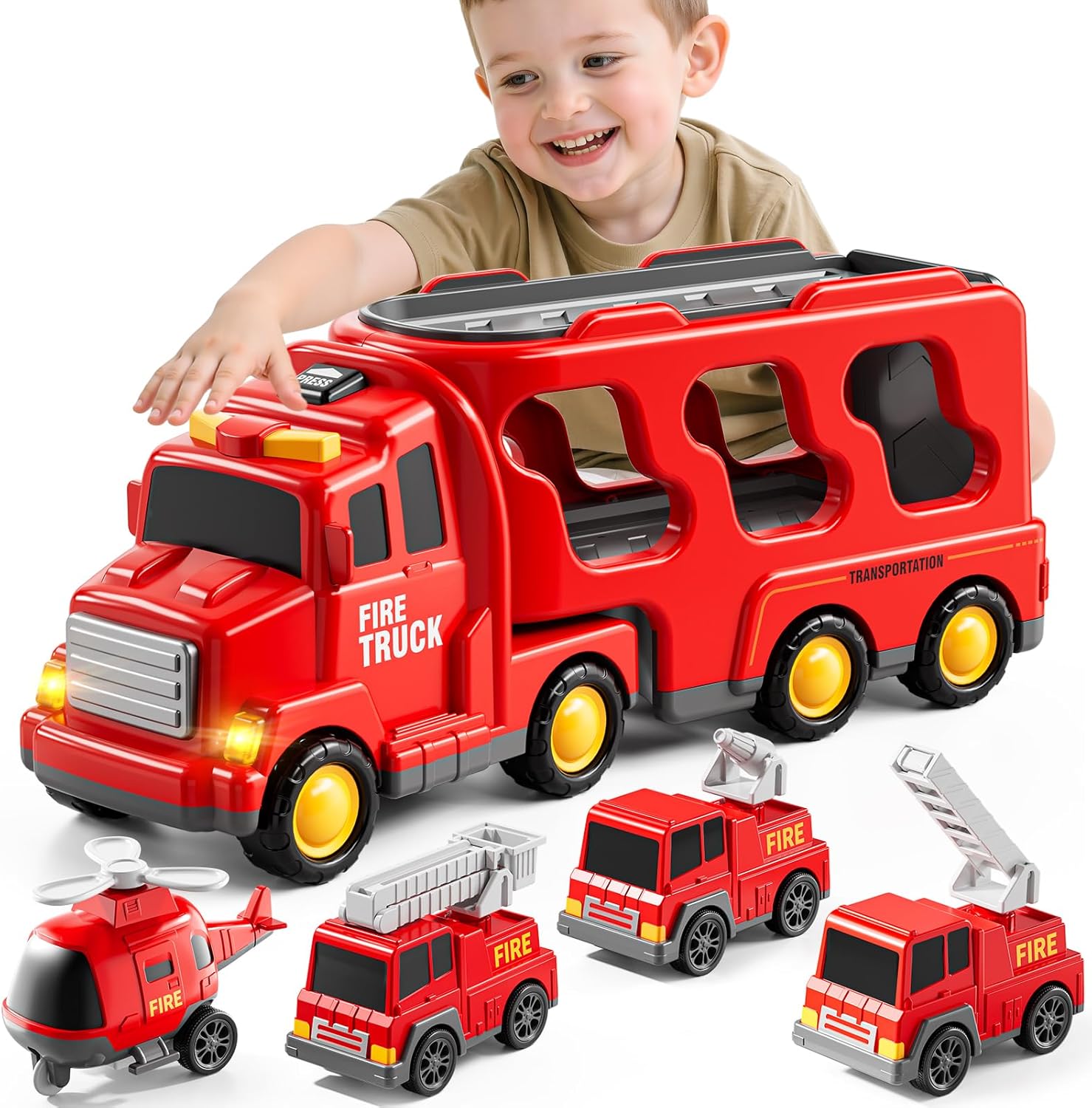 5-in-1 Fire Trucks Toy Set – Light & Sound Fire Engine Cars for Kids Ages 1-6