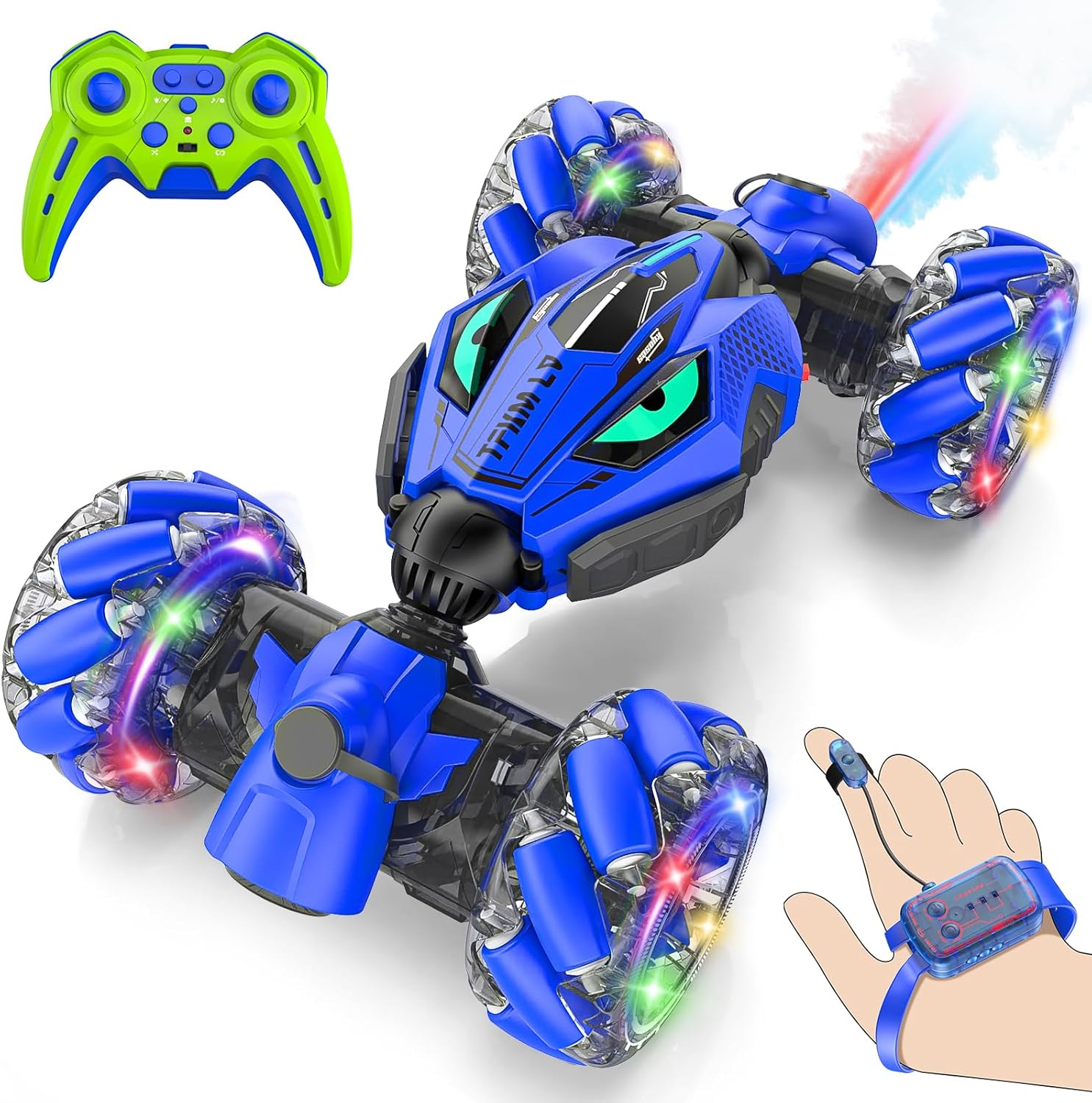 4WD Gesture Sensing RC Stunt Car – 360° Rotating Double-Sided Drift Car with Lights, Music & Spray, 2 Batteries (Ages 6–12)