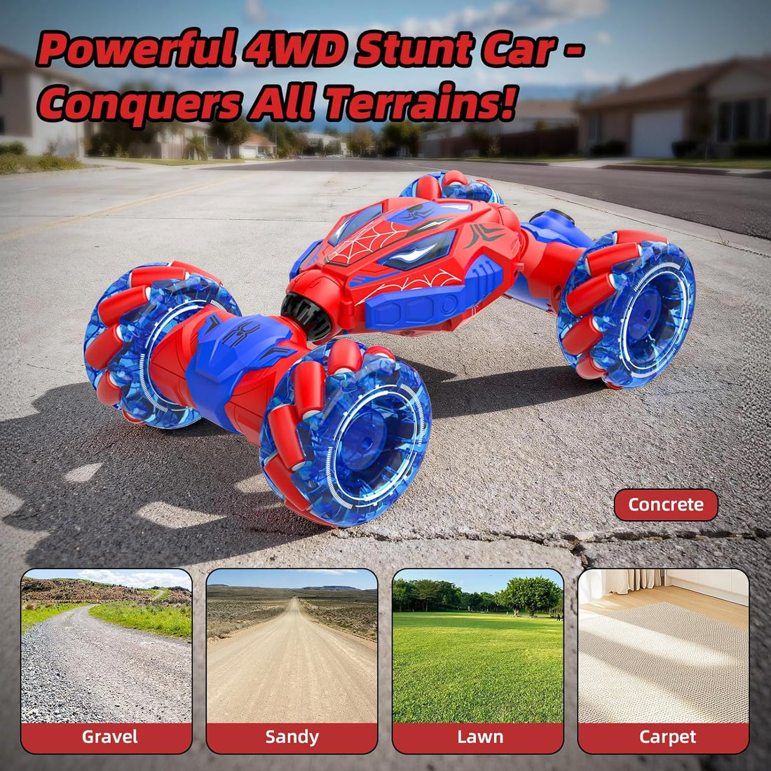 4WD Gesture Sensing RC Stunt Car – 360° Rotating Double-Sided Drift Car with Lights, Music & Spray, 2 Batteries (Ages 6–12)