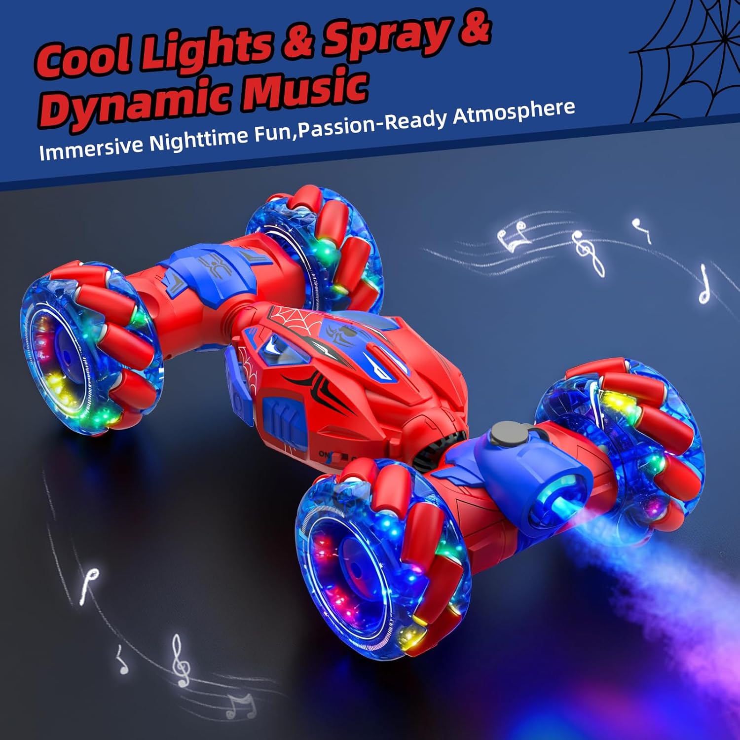 4WD Gesture Sensing RC Stunt Car – 360° Rotating Double-Sided Drift Car with Lights, Music & Spray, 2 Batteries (Ages 6–12)