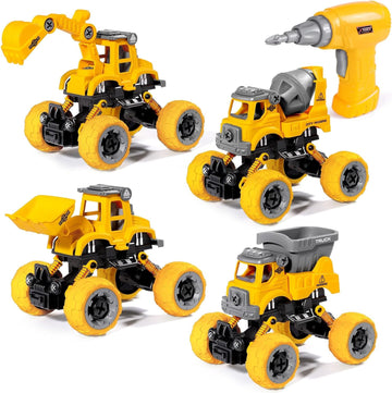 4 Pack Take Apart Trucks – Construction Building Toys with Electric Drill (Ages 3-8)