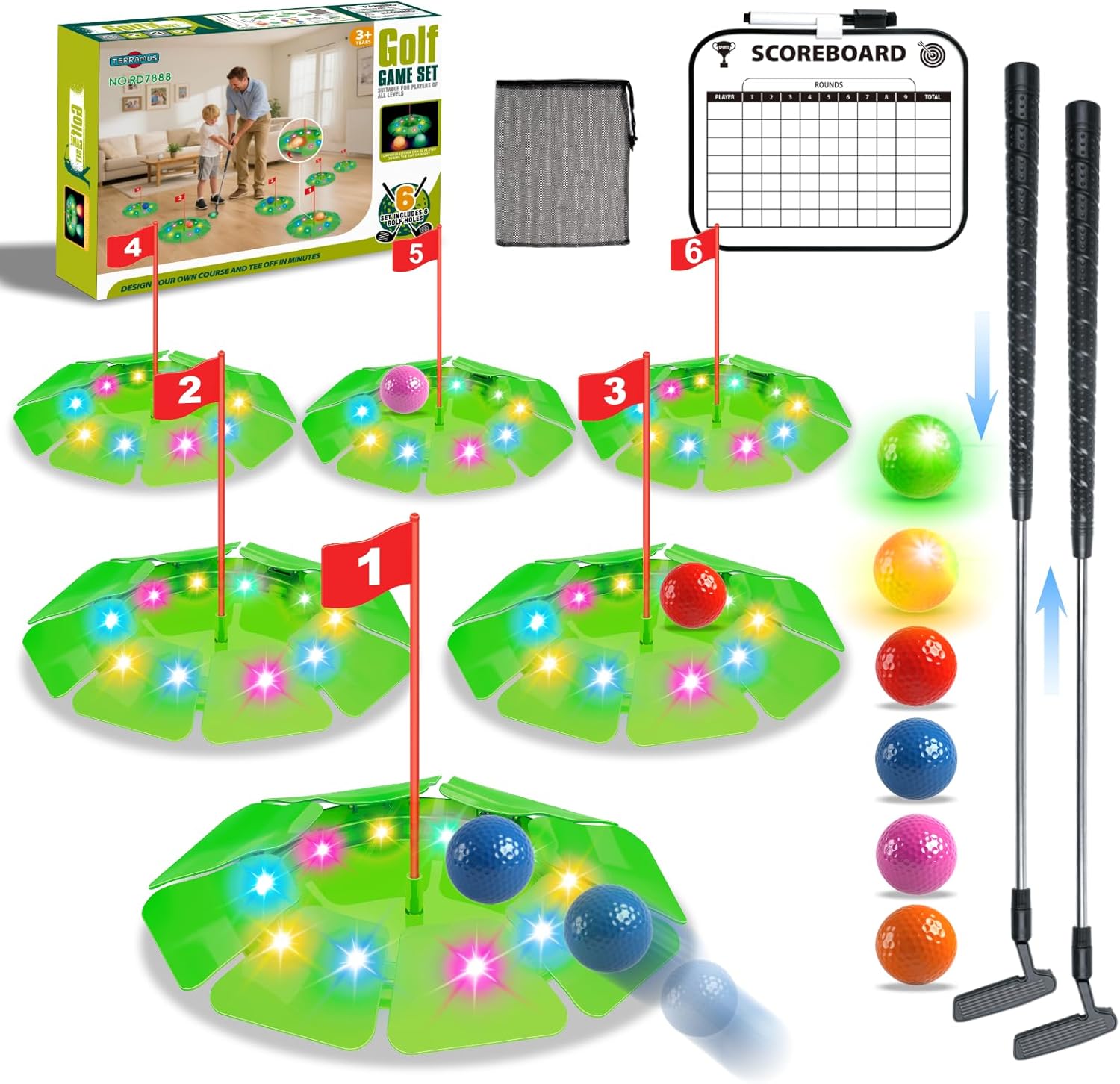 LED Light Up Golf Set – Backyard Chipping Game with 6 Targets, Clubs & Balls