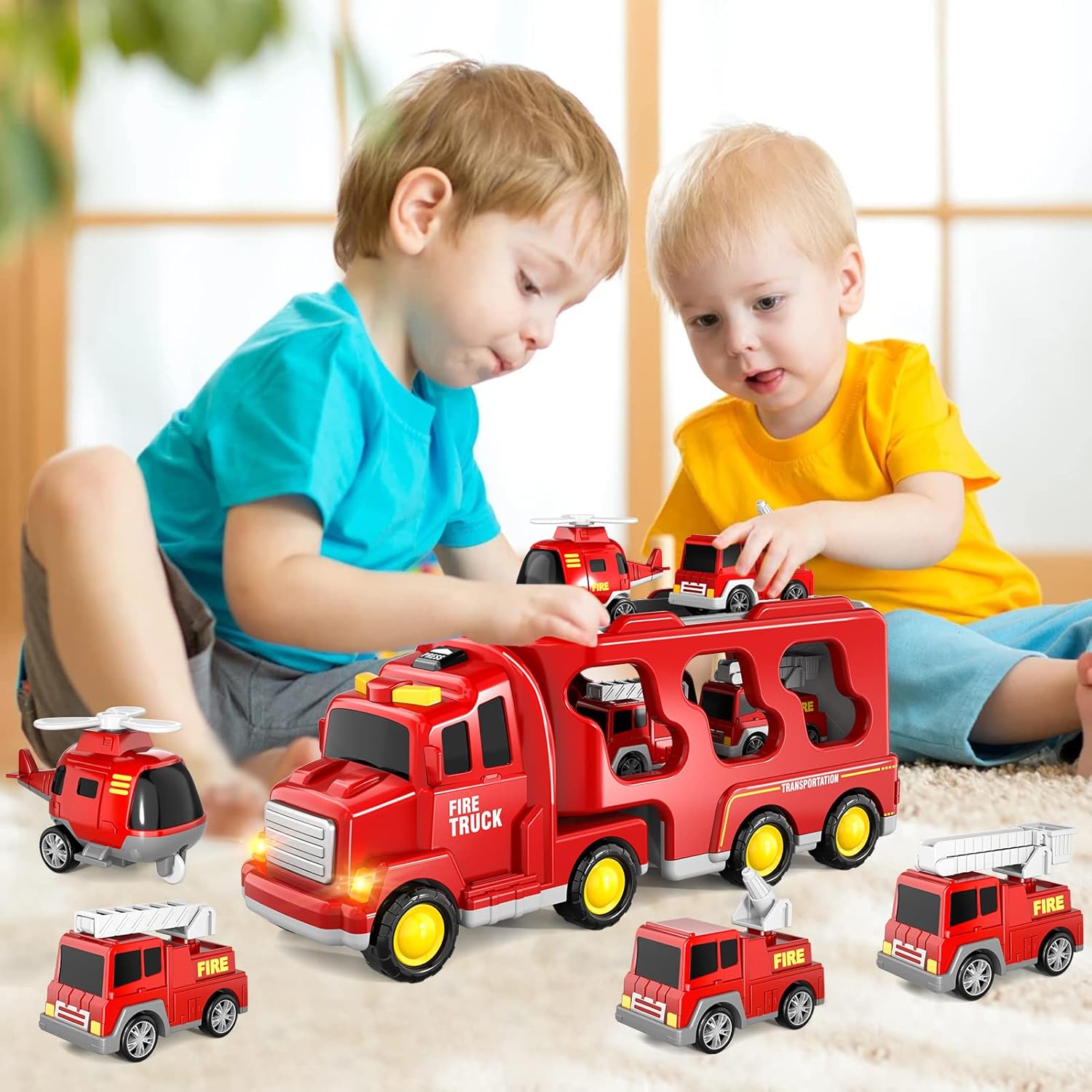 5-in-1 Fire Trucks Toy Set – Light & Sound Fire Engine Cars for Kids Ages 1-6