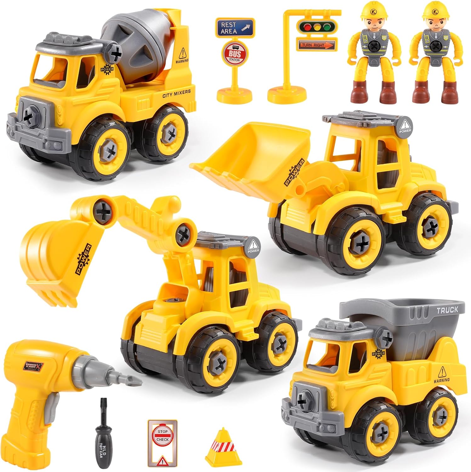 4 Pack Take Apart Trucks – Construction Building Toys with Electric Drill (Ages 3-8)