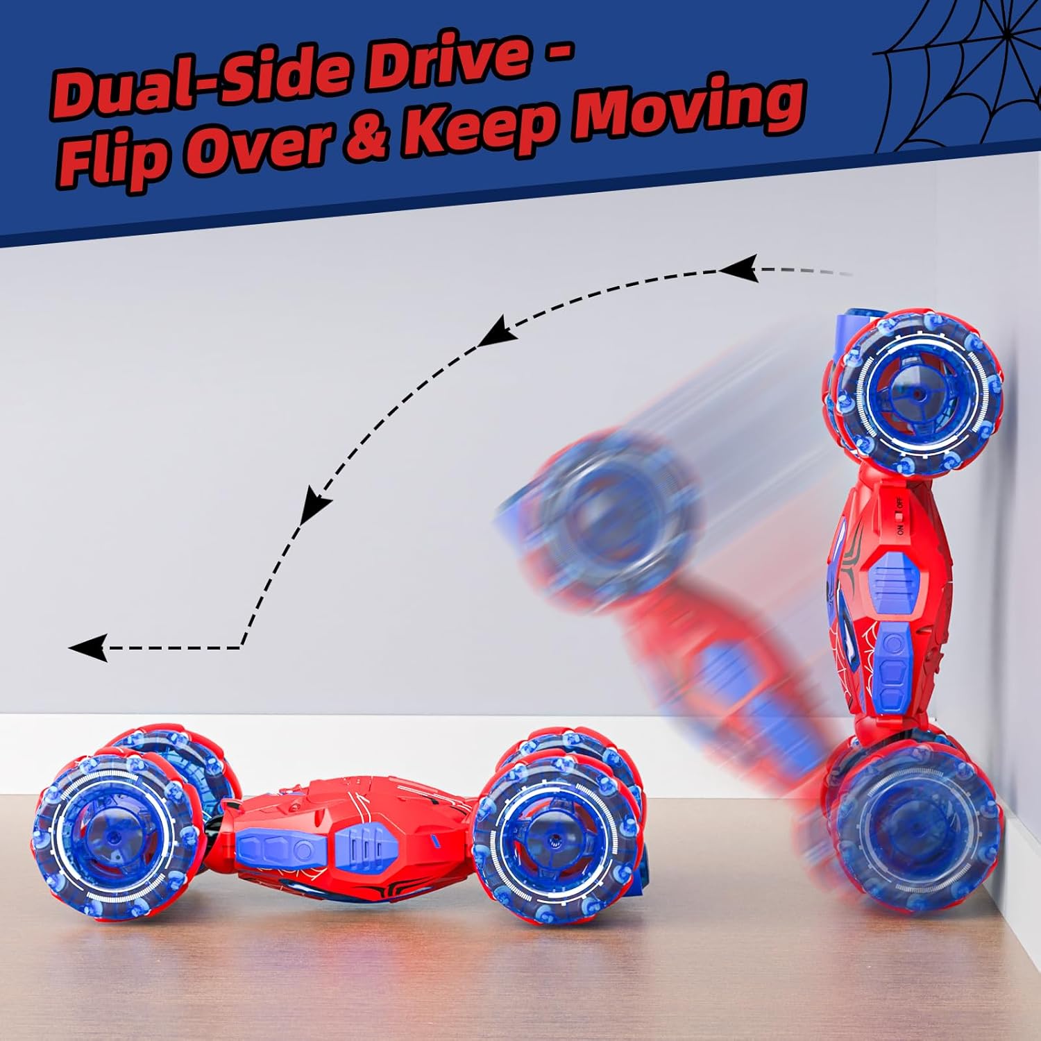 4WD Gesture Sensing RC Stunt Car – 360° Rotating Double-Sided Drift Car with Lights, Music & Spray, 2 Batteries (Ages 6–12)