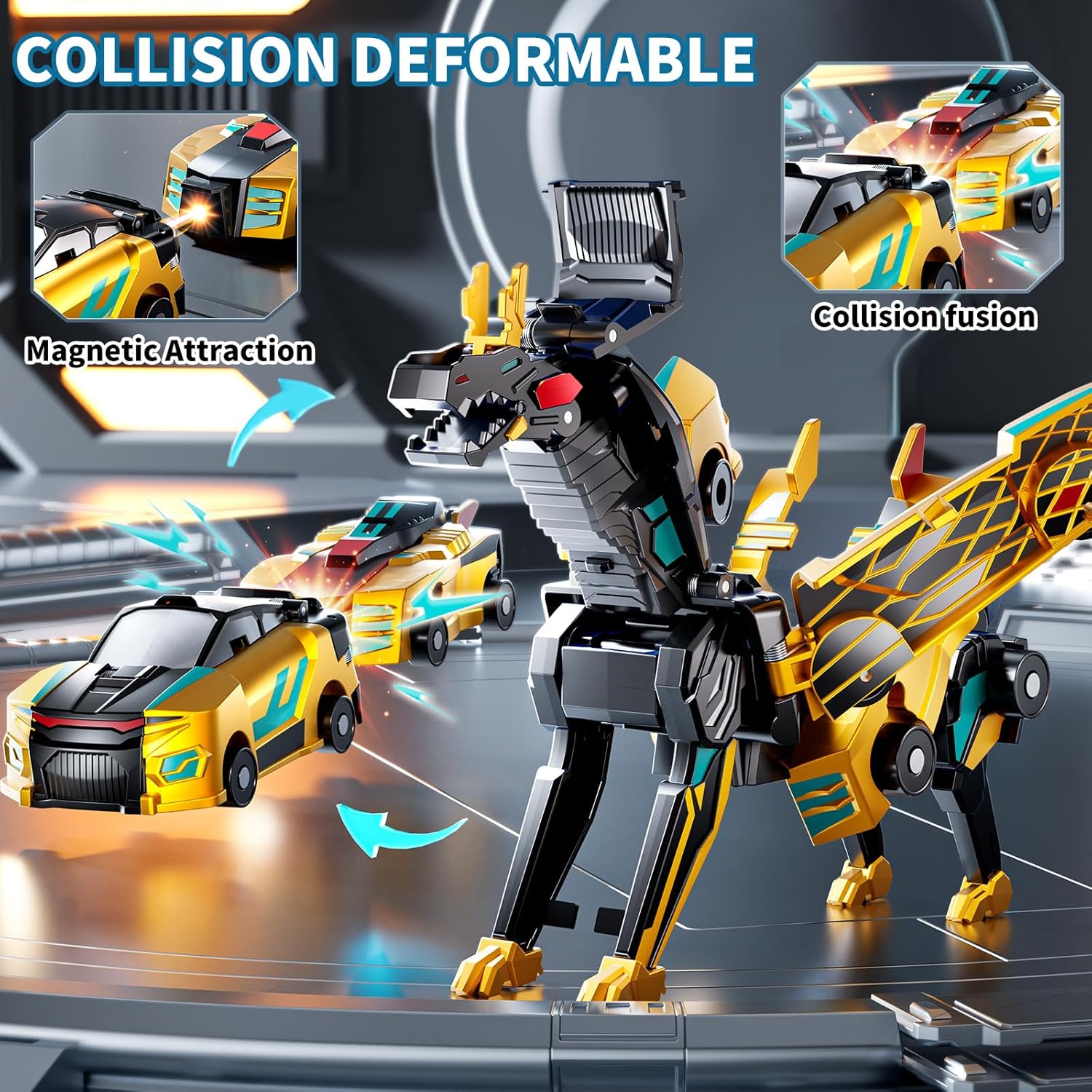 Collision Transforming Dinosaur Car Toy – 2-in-1 Magnetic Cars Transform on Impact, Golden (Ages 3–12)