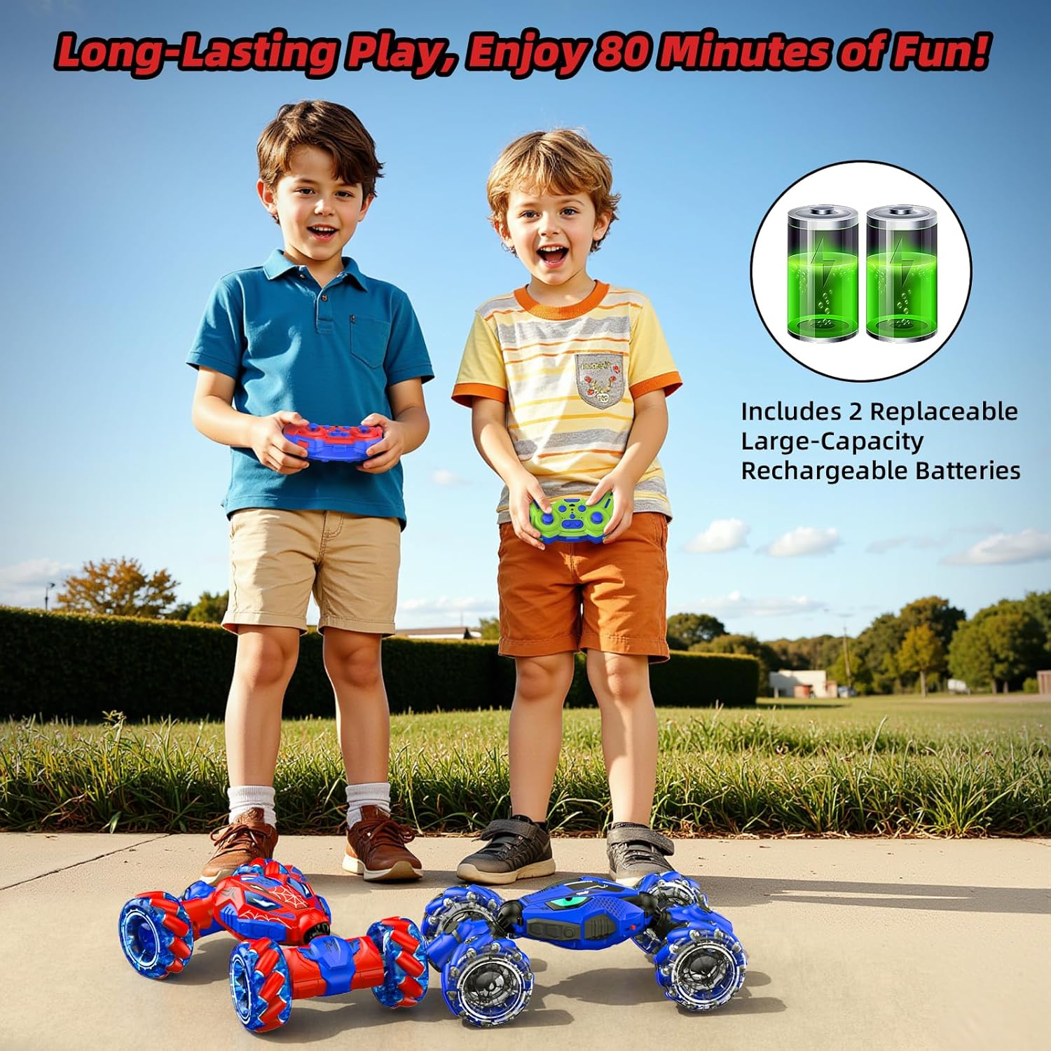 4WD Gesture Sensing RC Stunt Car – 360° Rotating Double-Sided Drift Car with Lights, Music & Spray, 2 Batteries (Ages 6–12)