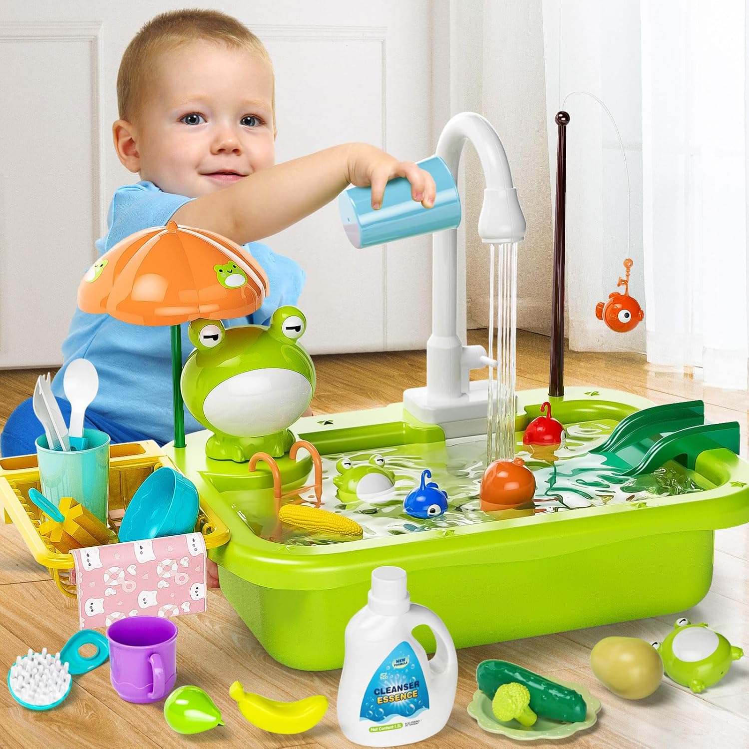 Kids Play Sink with Running Water – Electric Faucet Kitchen Toy Set with Accessories, Floating Toys & Fishing Game