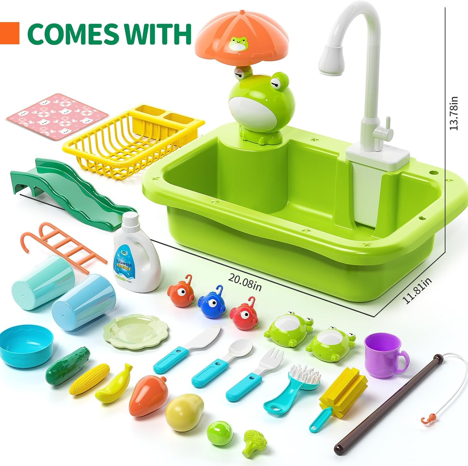Kids Play Sink with Running Water – Electric Faucet Kitchen Toy Set with Accessories, Floating Toys & Fishing Game