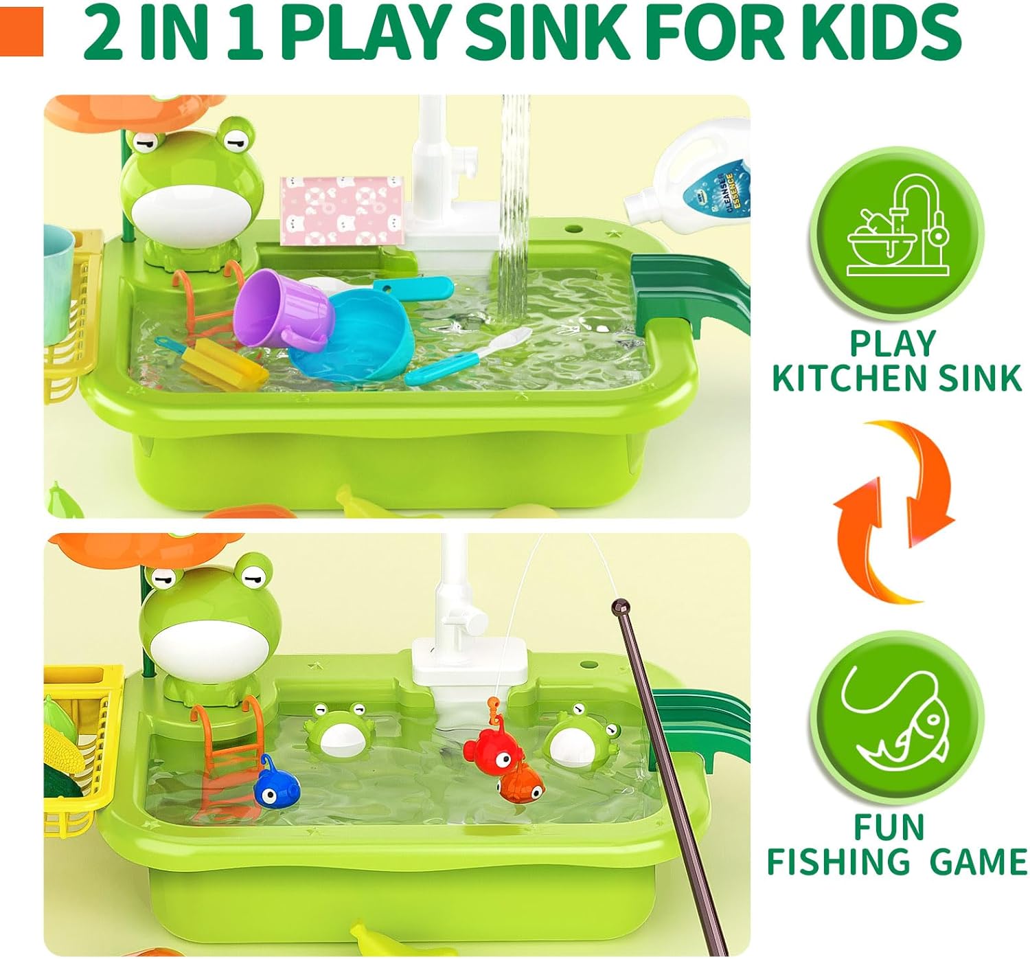 Kids Play Sink with Running Water – Electric Faucet Kitchen Toy Set with Accessories, Floating Toys & Fishing Game