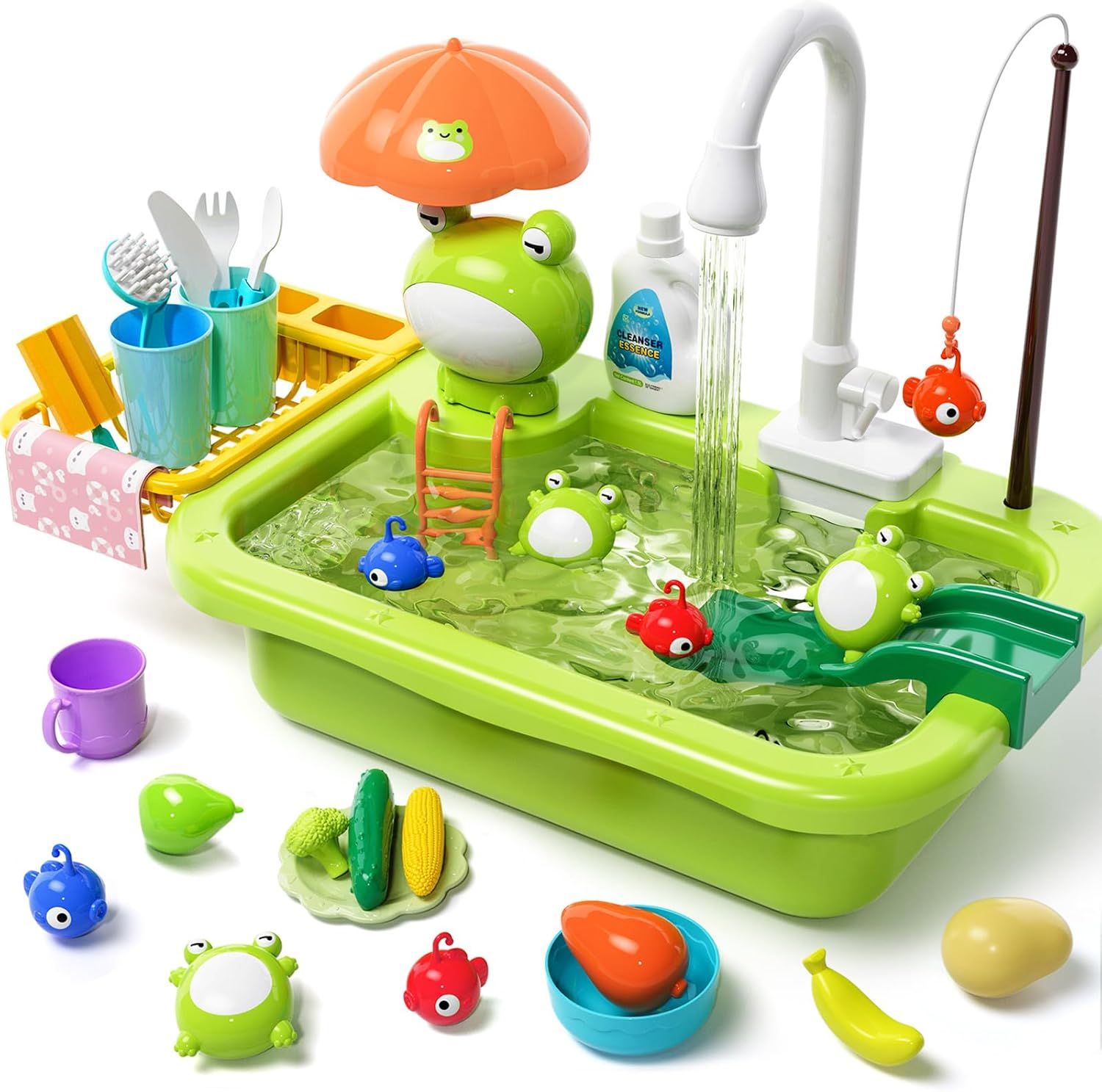 Kids Play Sink with Running Water – Electric Faucet Kitchen Toy Set with Accessories, Floating Toys & Fishing Game