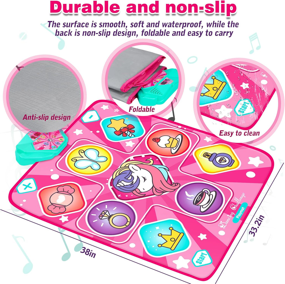 Kids Unicorn Dance Mat – LED Dance Pad with Music, Volume Control & 5 Modes (Ages 3–12)